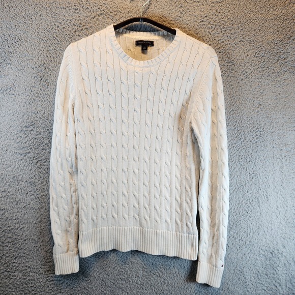 Tommy Hilfiger Sweater Womens Large White Cotton Cable Knit Round Neck Pullover - Picture 1 of 8